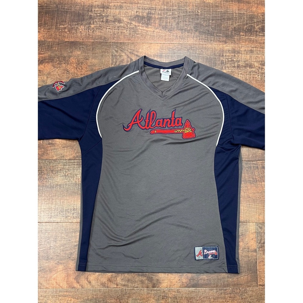 Majestic Atlanta Braves MLB Baseball V-Neck Jersey Gray Navy Size M 41